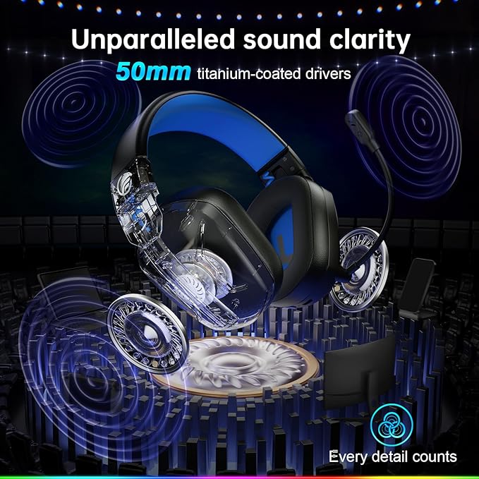 Fachixy Wireless Gaming Headset with LED Light for PS5, PS4, PC, Switch, Laptop, Mac - 2.4GHz & Bluetooth 5.4, 50H Battery, Flip Mic, Lossless Audio, Foldable, Immersive Gaming