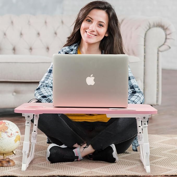 Bed Desk Height Adjustable, Bed Laptop Table with USB/Storage Drawer/Cup Holder/Tablet Stand/Book Shelf, Foldable Breakfast Tray Portable for Reading Writing, Bed, Sofa & Floor, Wood, Pink