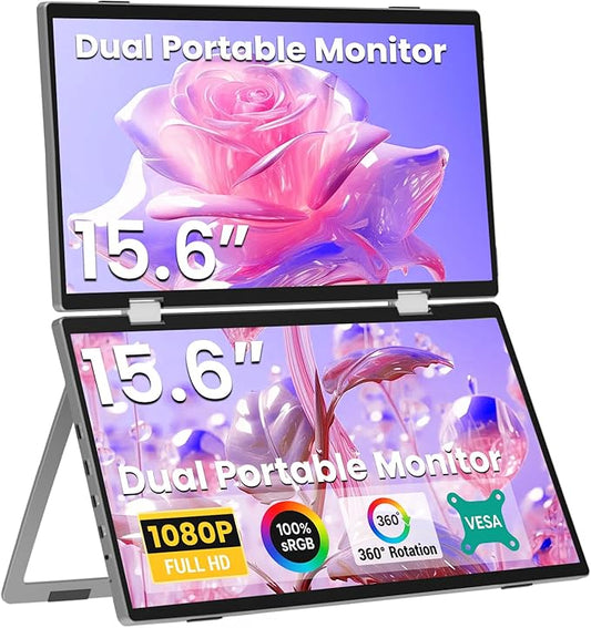 ELECROW Laptop Screen Extender 15.6" 1080P Dual Portable Monitor, USB C HD 360° Rotation Foldable Travel Extended Computer Display with Stand for Laptop PC Windows Mac, VESA Mountable (Plug & Play)