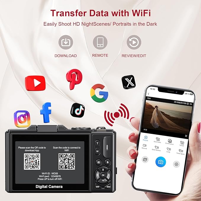 Digital Cameras for Photography - 5K 75MP Vlogging Camera for YouTube WiFi - UHD Autofocus Vlog Camera 3" 180° Flip Screen with 18X Zoom - Travel YouTube with 32GB SD Card, 2 Batteries