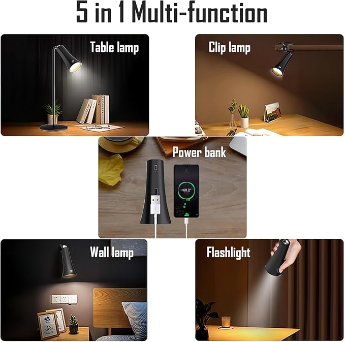 5 Modes Rechargeable LED Lamp with Magnet Swivel Joint, Touch Control, Adjustable Brightness, Color, 360° Angle, Can Become Desk Lamp, Clip Lamp, Wall Lamp, Flashlight, Portable Charger (Black)
