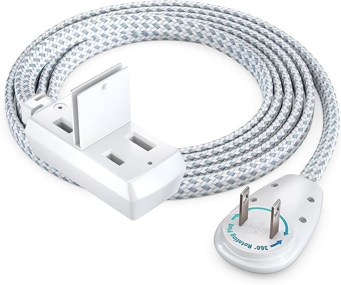 Maximm 6 Ft Extension Cord, 2 Prong, 360° Rotating Flat Plug, UL Certified, Gray – Space-Saving Indoor Power Cord for Tight Spaces, Polarized, Braided