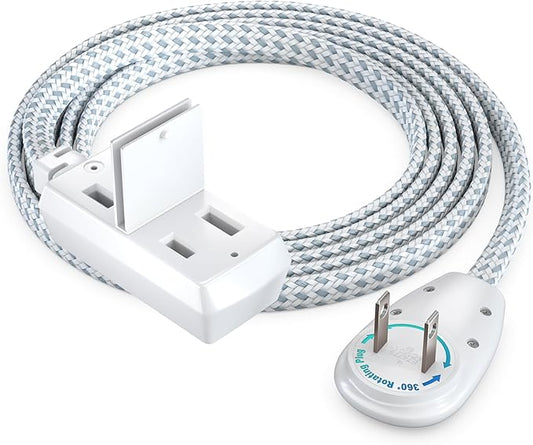 Maximm 6 Ft Extension Cord, 2 Prong, 360° Rotating Flat Plug, UL Certified, Gray – Space-Saving Indoor Power Cord for Tight Spaces, Polarized, Braided