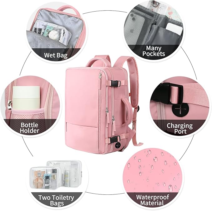 Hanples Carry on Travel Backpack for Women, Large 40L Personal Item Luggage Backpack,17inch Laptop Backpack TSA Flight Approved, Travel Essentials Casual Daypack with 2 Toiletry Bags (Pink)