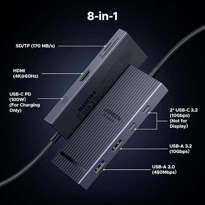 UGREEN Revodok Pro USB C Hub for Laptop 8 in 1 MacBook Docking Station 4K 60Hz HDMI, 100W PD Charging, USB-C & USB-A 10Gbps Data Ports, SD/TF Card Reader for MacBook Pro/Air, iPad Pro, XPS, Thinkpad