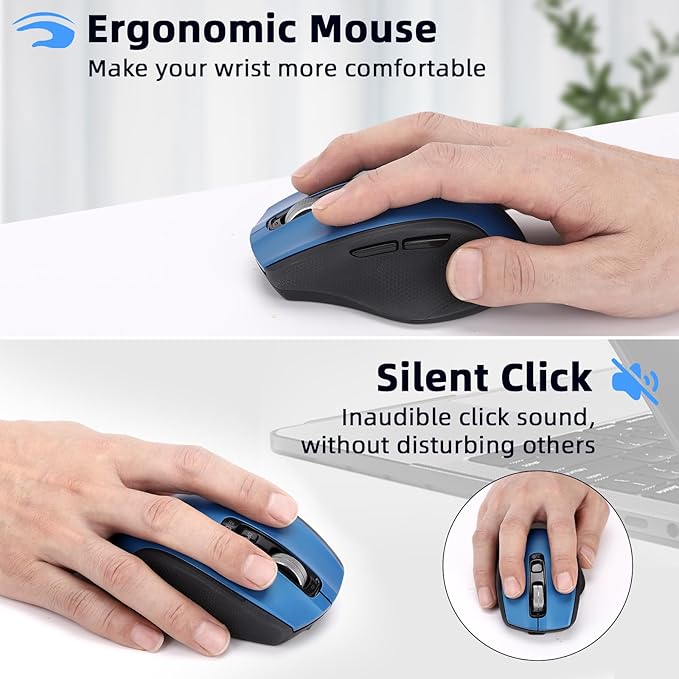 Wireless Mouse with Bluetooth, USB A, USB C Receiver, Rechargeable, Full Size Mouse, Ergonomic, Silent, for MacBook/Laptop/Computer/PC/iPad-Blue