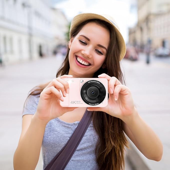 Digital Camera, 4K 64MP, 18X Zoom, Point and Shoot Digital Camera with 64GB TF Card & 2 Batteries, Portable Rechargeable Small Camera for Kids Teens Adult, Pink