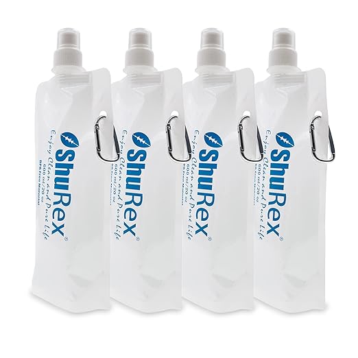 4 Pack 20oz/ 600ml Collapsible Water Pouch for Sawyer Squeeze Mini Water Filtration System, Compatible with Membrane Solutions and Other Water Filter Straw; Foldable Water Bottle, Reusable, BPA-Free