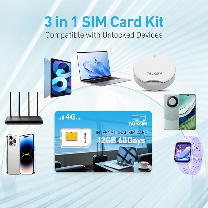 International Data Only SIM Card 12GB 60 Days, 4G LTE Travel SIM Card Supported 45 Countries USA, UK, Europe, Asia. Africa, Ideal for Business Trip and Europe Travel, No Contract