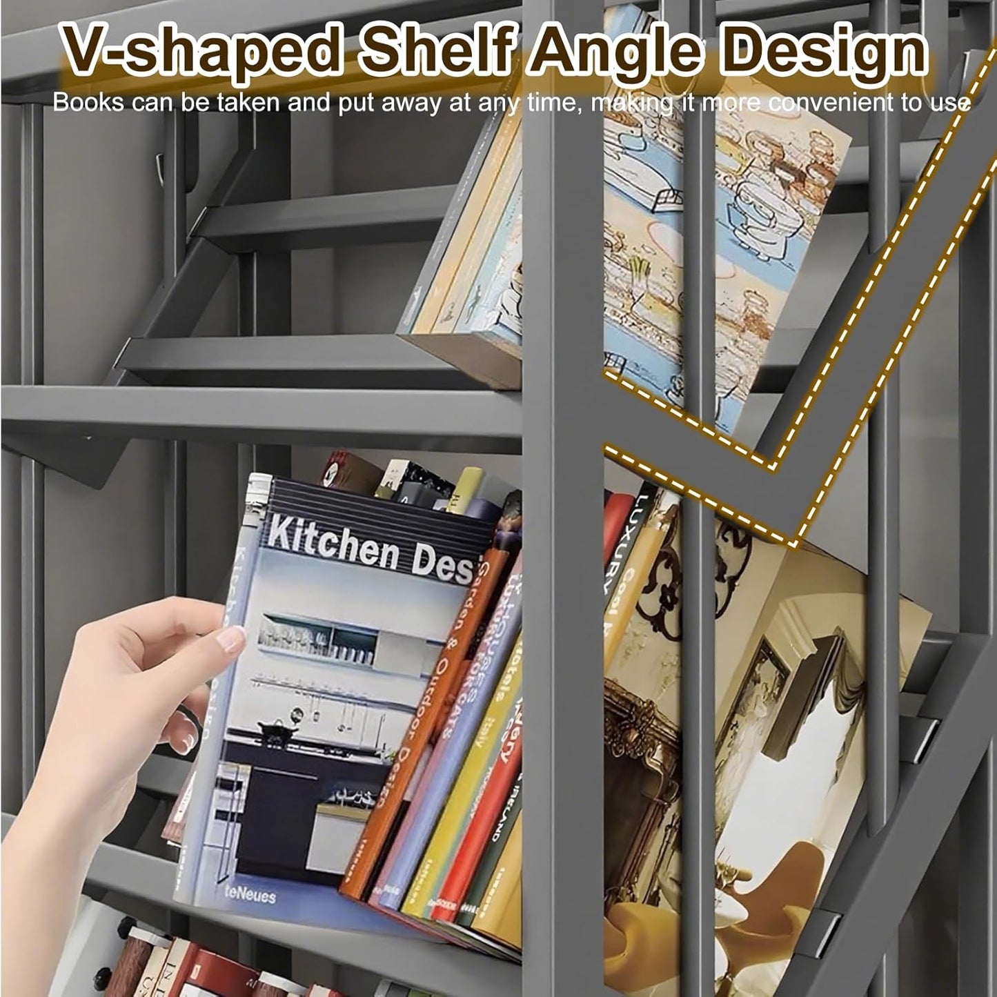 Bookshelf Movable Book Cart Multi-Layer Storage Rack Large-Capacity Rolling Cart L-Shaped Carbon Steel Shelf Suitable for Storing Books, Magazines, Newspapers, Shoes