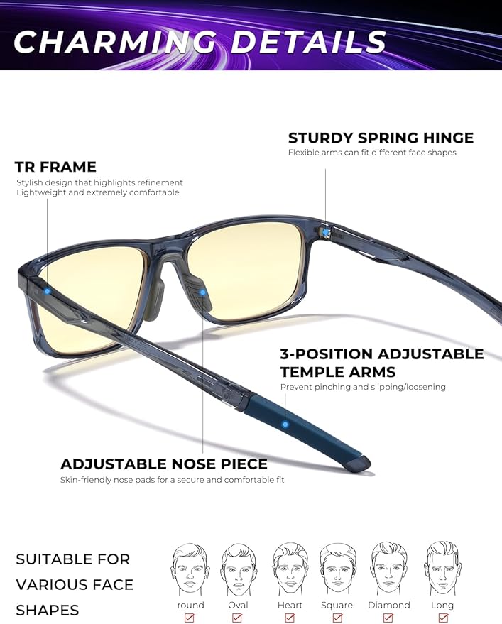 Blue Light Blocking Computer Screen Glasses | Gaming Glasses | Anti Eye Strain Protection for Men and Women
