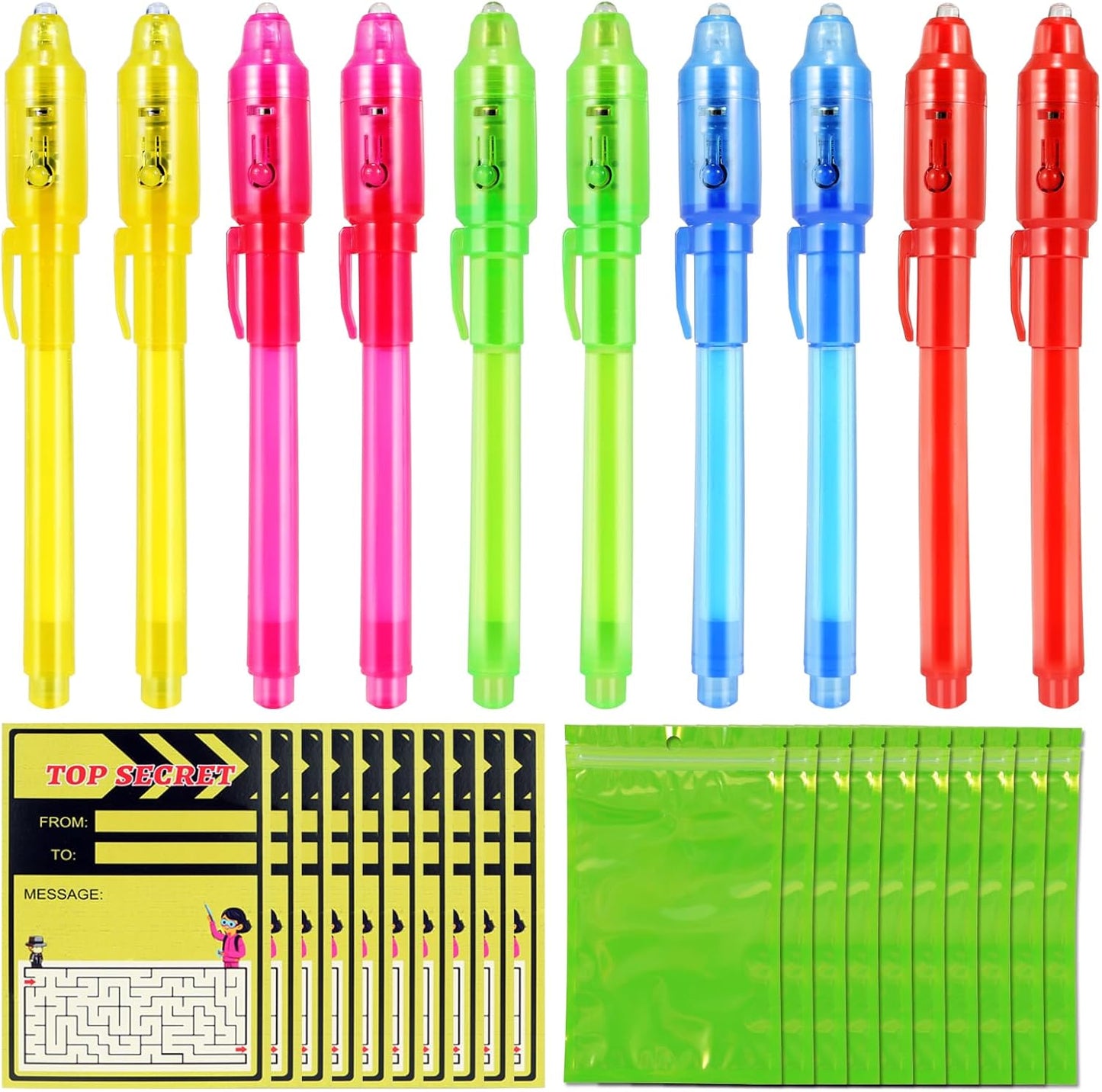 10 Pcs Invisible Ink Pens with UV Led dark light, Word Search & Maze Activities Cards and Bags Included, End of School Year Gift, Fun for Kids' Birthday, Halloween, Christmas, Goodie bag stuffers
