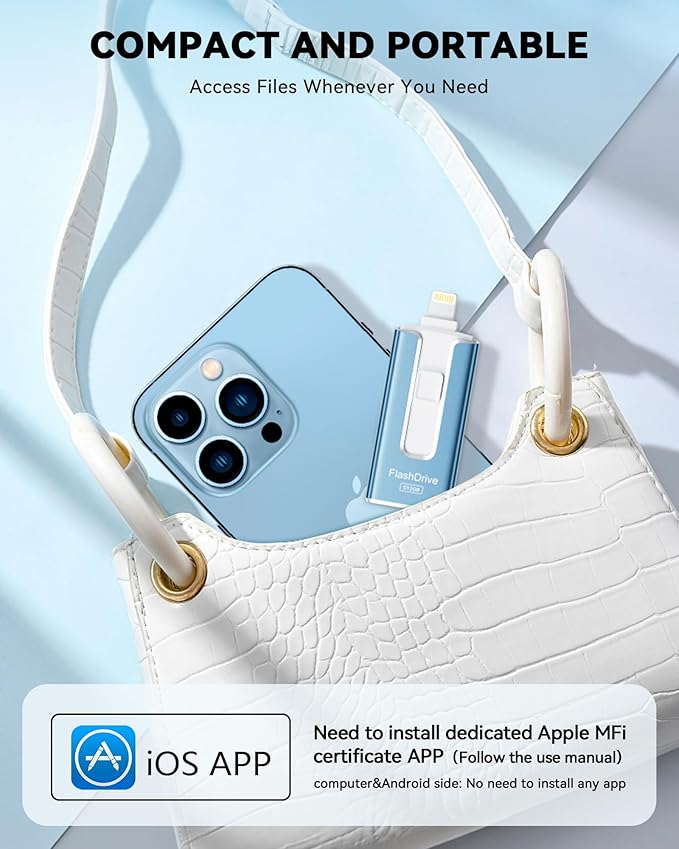 MFi Certified 512GB Flash Drive for iPhone iPad, Photo Stick for External Memory Storage, Easily Back Up and Save Files, USB Memory Stick Thumb Drive for iPhone/iPad/Android/PC (Blue, 512GB)