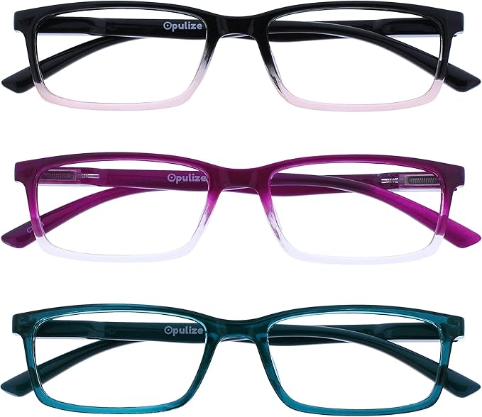 OPULIZE SEE Reading Glasses with Blue Light Blocking for Women and Men, Narrow Frame, Spring Hinges, Computer Gaming Glasses, Black to Pink,Purple,Turquoise +3.5 (Pack of 3)