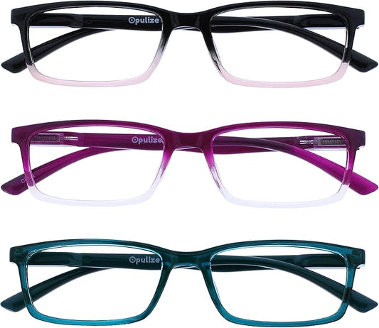 OPULIZE SEE Reading Glasses with Blue Light Blocking for Women and Men, Narrow Frame, Spring Hinges, Computer Gaming Glasses, Black to Pink,Purple,Turquoise +3.5 (Pack of 3)