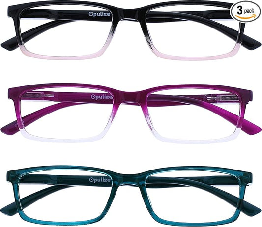 OPULIZE SEE Reading Glasses with Blue Light Blocking for Women and Men, Narrow Frame, Spring Hinges, Computer Gaming Glasses, Black to Pink,Purple,Turquoise +3 (Pack of 3)