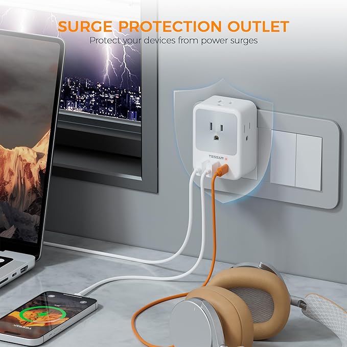 Surge Protector Wall Outlet Extender, TESSAN Multi Plug Outlet Splitter with 3 USB Charging Blocks(1 USB C), Multi Plug Wall Charger for Home, Office, School, College Dorm Essentials