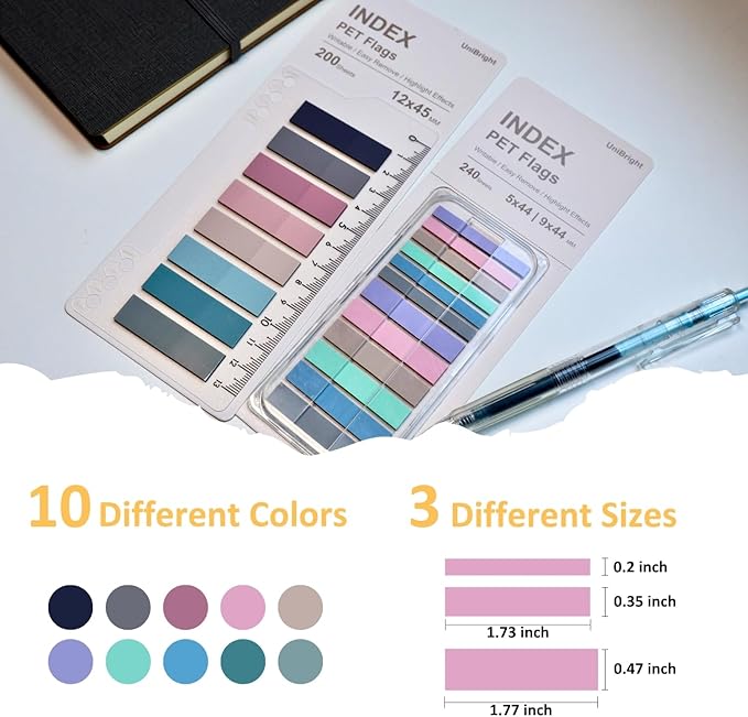 UniBright Sticky Index Tabs Combo Pack 440 Pcs Tabs for Notebooks Page Markers Page Tabs Book Tabs and Annotation Tabs with Bookmark Ruler and Dispenser Assorted Morandi Colors