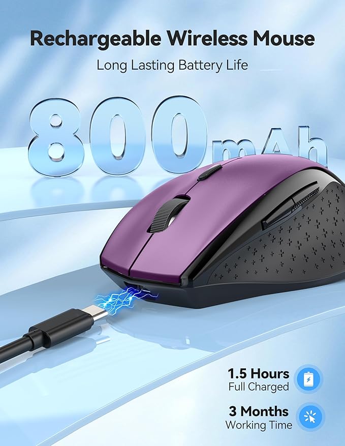 TECKNET PRO Rechargeable Wireless Mouse, Silent Click, 800mAh Long Battery Life, 6 Adjustable 6400 DPI, Cordless Computer Mouse, 6 Button Ergonomic Mouse for PC Mac Chromebook - Purple