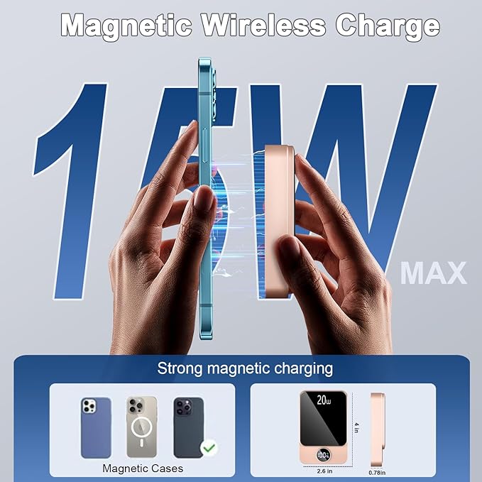 Magnetic Portable Charger, Power Bank 10000mAh with PD 20w Fast Charging, USB C in&Out Battery Pack, Compatible with Mag-Safe for iPhone 12/13/14/15/16 Pro/Pro Max Series, Samsung, Android, and More