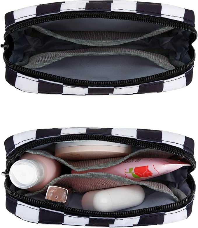 E-Tree Cute Small Makeup Bag, Cosmetic Toiletry Skin Care Make up Little Items Pouch for Purse,Zipper Mini Tech Charger Cable Electronic Organizer Case,Travel Accessories for Women Men Teen,Checkered