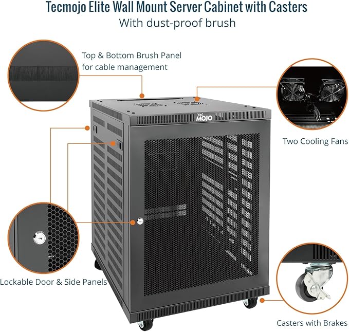 Tecmojo 15U Wall Mount Rack, 23.6 Inch Depth, Holds Up to 176 Lbs, Enclosed Kit for 19 Inch Network, Server and AV Gear, Mesh Door (Elite Collection)