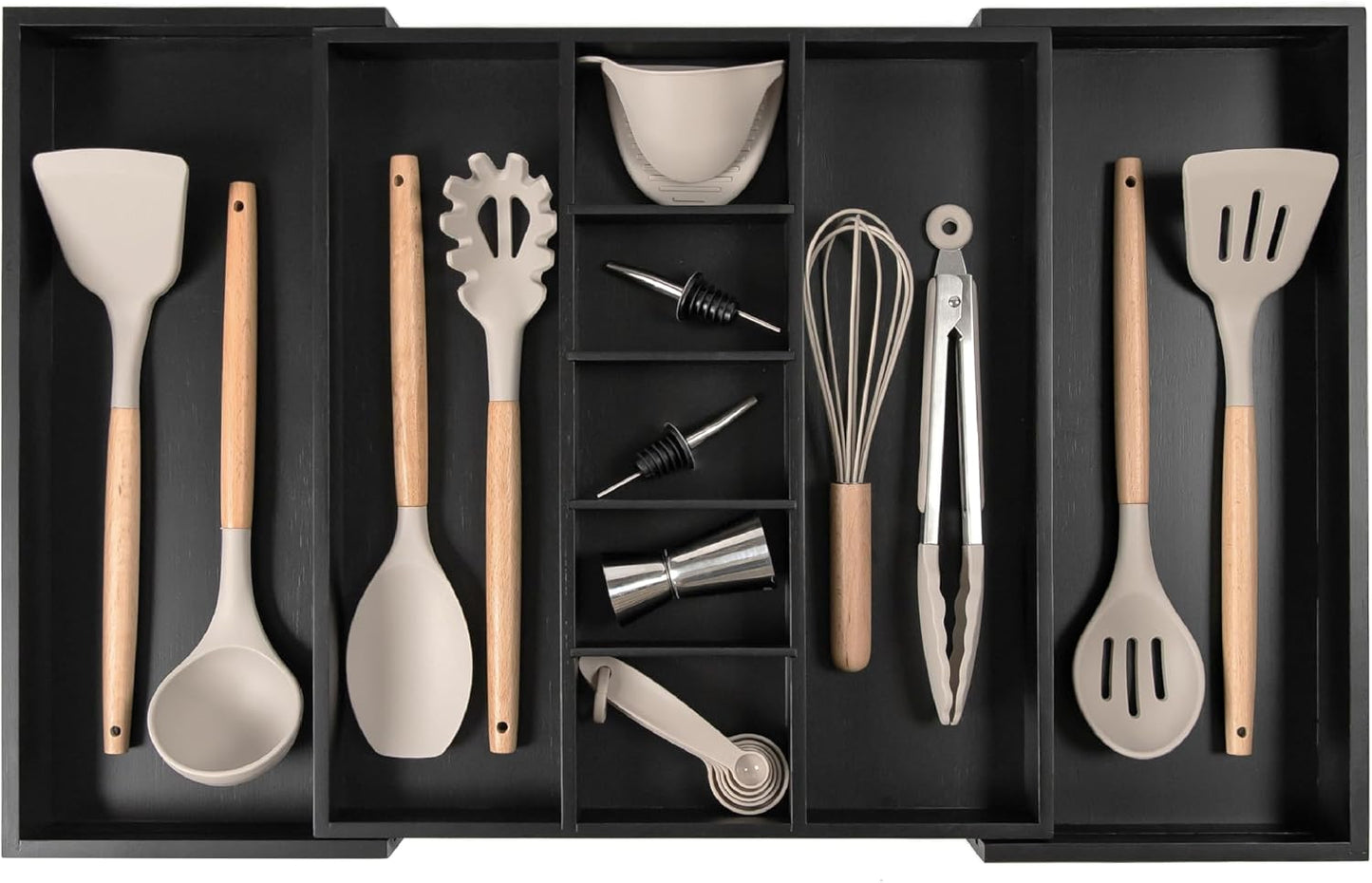 Adjustable Kitchen Drawer Organizer for Utensils and Junk, Food-Safe Contract Grade with 100% Sustainable Wood, Expandable from 16 to 28 Inches Wide - Black Bamboo