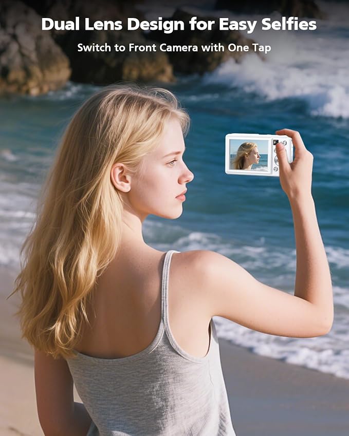 4K Digital Camera, 64MP Autofocus Vlogging Camera with Front Rear Lens, Flash, 16X Zoom, Anti-Shake, 32GB Card, Compact Point Shoot Camera for Teens Adult Beginner Travel Photography(White)