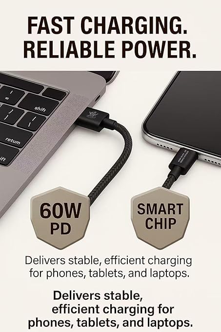 Pebble 60W USB-C to USB-C Cable – 6.6ft White | Fast Charging, Durable Nylon Braided, Universal USB-C Compatibility (ABS, White)