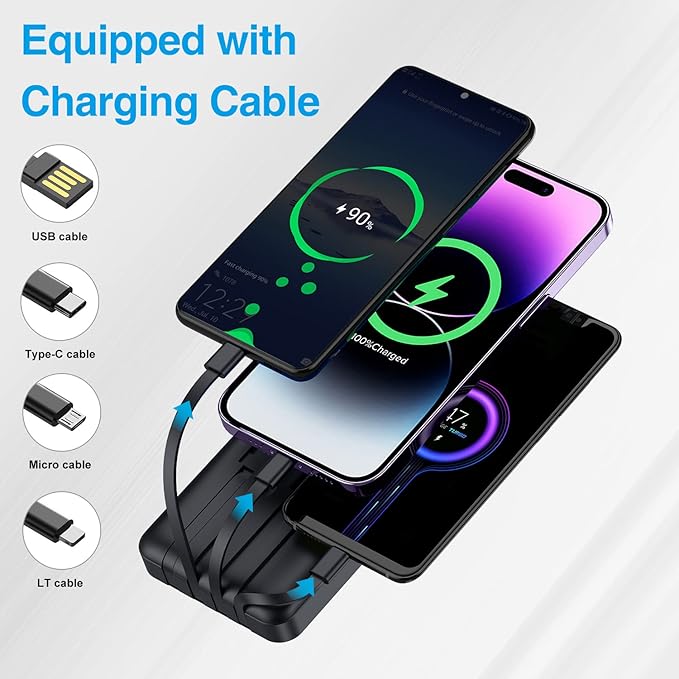 Portable Charger 12000mAh with Built-in Cables,22.5W Fast Charging Power Bank,USB C Input/Output,Smart LED Display,Compact External Battery for iPhone 15,Samsung Galaxy,iPad,Tablets