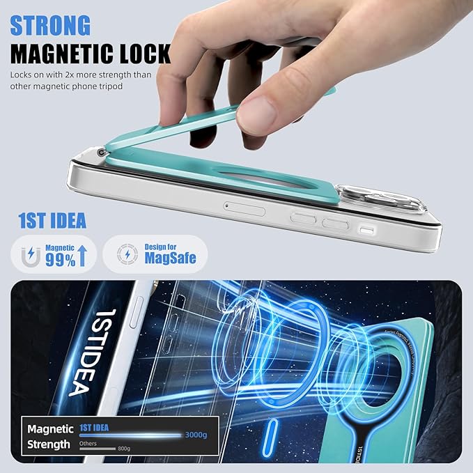 Phone Tripod Stand, Aluminum Alloy Mini Tripod Compatible with Magsafe iPhone 17/16/15/14/13/12 Series, Foldable Strong Magnetic Phone Stand, Mult-Angle Adjustment Selfie Stick