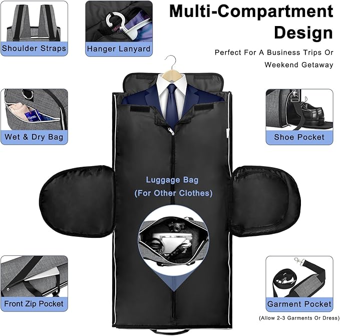 Convertible Garment Bag with Shoulder Strap, Carry on Garment Duffel Bag for Men Women - Hanging Suitcase Suit Travel Bags