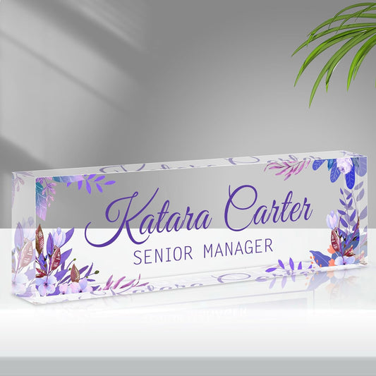 Name Plate for Desk Personalized, Acrylic Desk Decorations, Employee Appreciation Gifts, Custom Office Gifts for Coworkers, Boss, Teacher, Nurse (Purple Leaves)