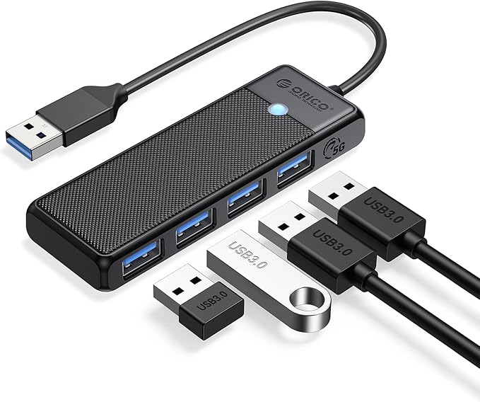 ORICO USB 3.0 Hub, 4-Port USB Hub, Ultra Slim USB Splitter for Laptop for MacBook, Mac Pro, iMac, Surface Pro,XPS, PS5, PC, Flash Drive, Mobile HDD(Black/0.5ft)