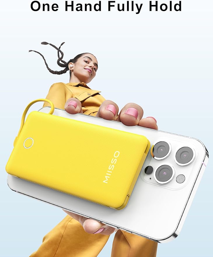 miisso 10000mAh Slim Portable Charger with Built in Cable, Power Bank Travel Charger External Battery Pack for Phone, 4 Output USB Type C Cord Clutch Charger Compatible with iPhone, Yellow