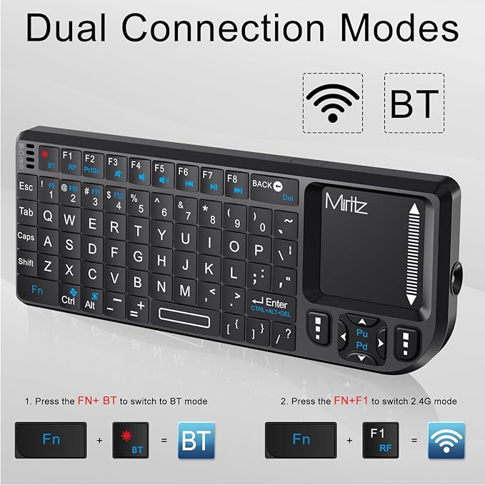 K808 Ultra-Thin Mini Keyboard with Touchpad, Bluetooth &2.4G Dual Mode & Backlit, USB-C Rechargeable, Compatible with iPad, Mac, Windows, Android - Portable for Travel, Office, Home - Black