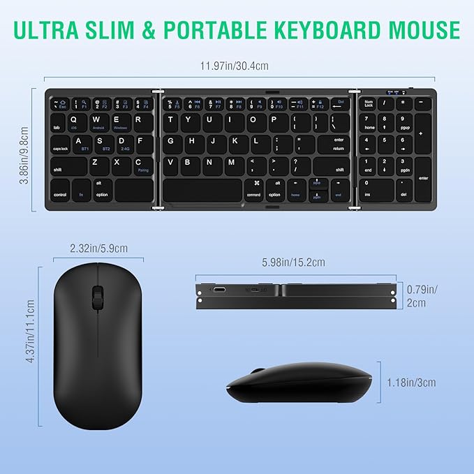 Foldable Keyboard and Mouse, EDJO Folding Wireless Keyboard Mouse Combo with Portable Case, Rechargeable 2.4G+Bluetooth Multi-Device Combo for Windows, iOS, Android, MacOS PC/Laptop/Tablet