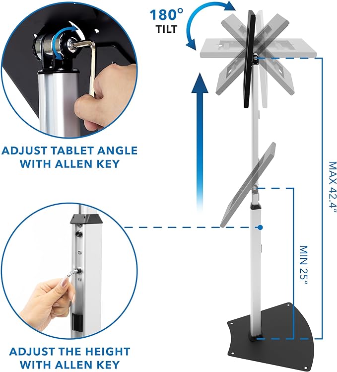 Mount-It! Anti-Theft Tablet Kiosk Floor Stand Compatible with iPad 10, 9, 8, Pro 11, 10.5, Air 10.5, Height Adjustable Locking Kiosk for iPad, Steel Kiosk for Business and Retail