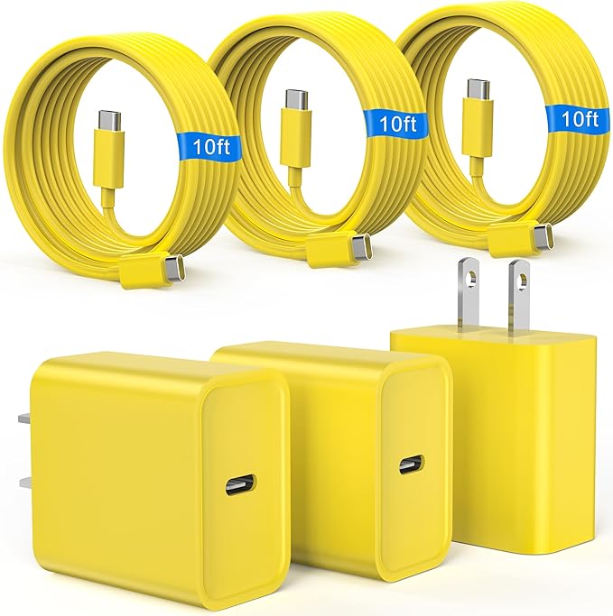 iPhone 17 16 15 Charger Fast Charging, 3 Pack PD 20W USB C Charger with 10FT Cord, USB C Cable Type C Chargers Block for iPhone 17/17 Pro/17 Pro Max/16/16 Plus/16 Pro/16 Pro Max/15/15 Pro（Yellow）