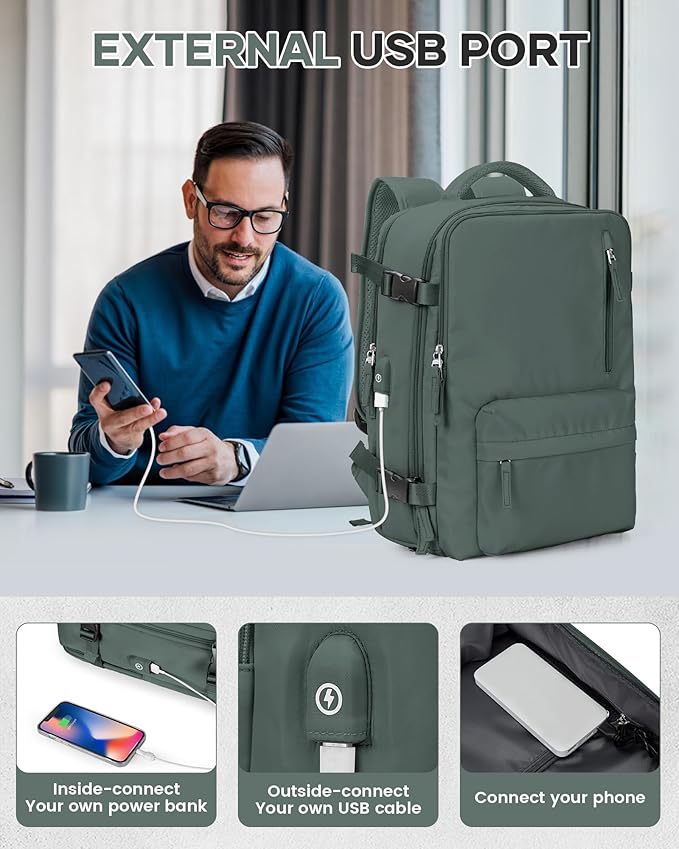 Vacuum Travel Backpack with Pump for Women, Personal Item Carry on Backpacks Flight Approved 18x14x8 inches for Men,Laptop Waterproof Work Compression bags Casual Daypack. (Green)