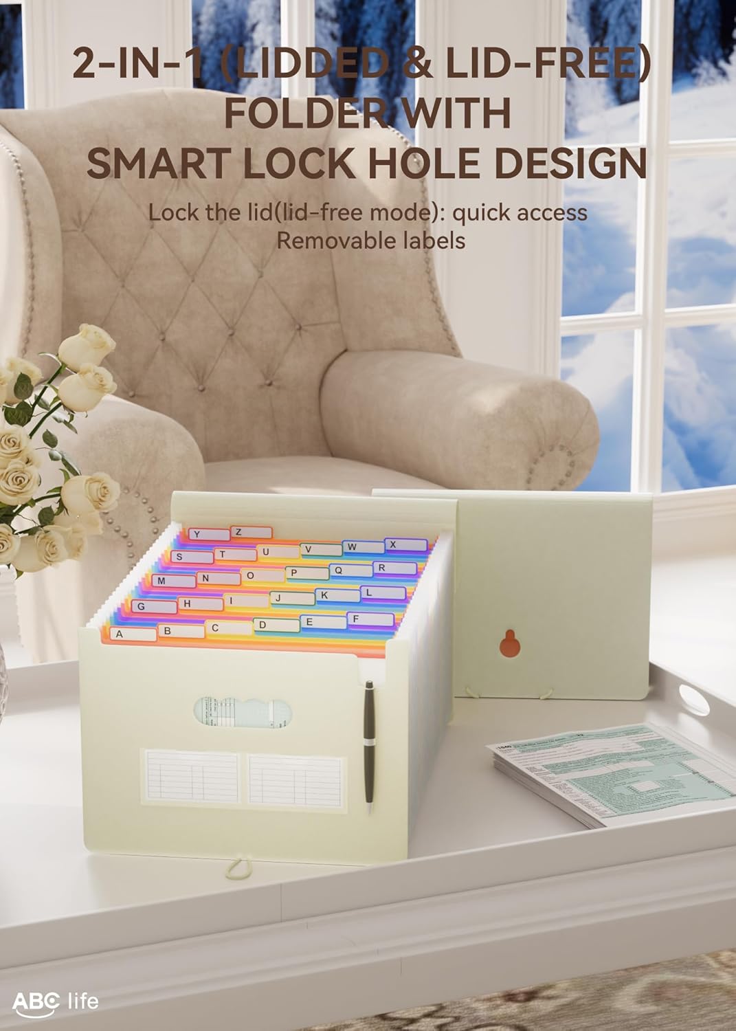 ABC life 26 Pockets Accordian File Organizer Expanding File Folders, Portable Letter A4 Size Filing Box,Plastic Monthly Receipt Document Organizer with Colored Tabs (Beige Color)