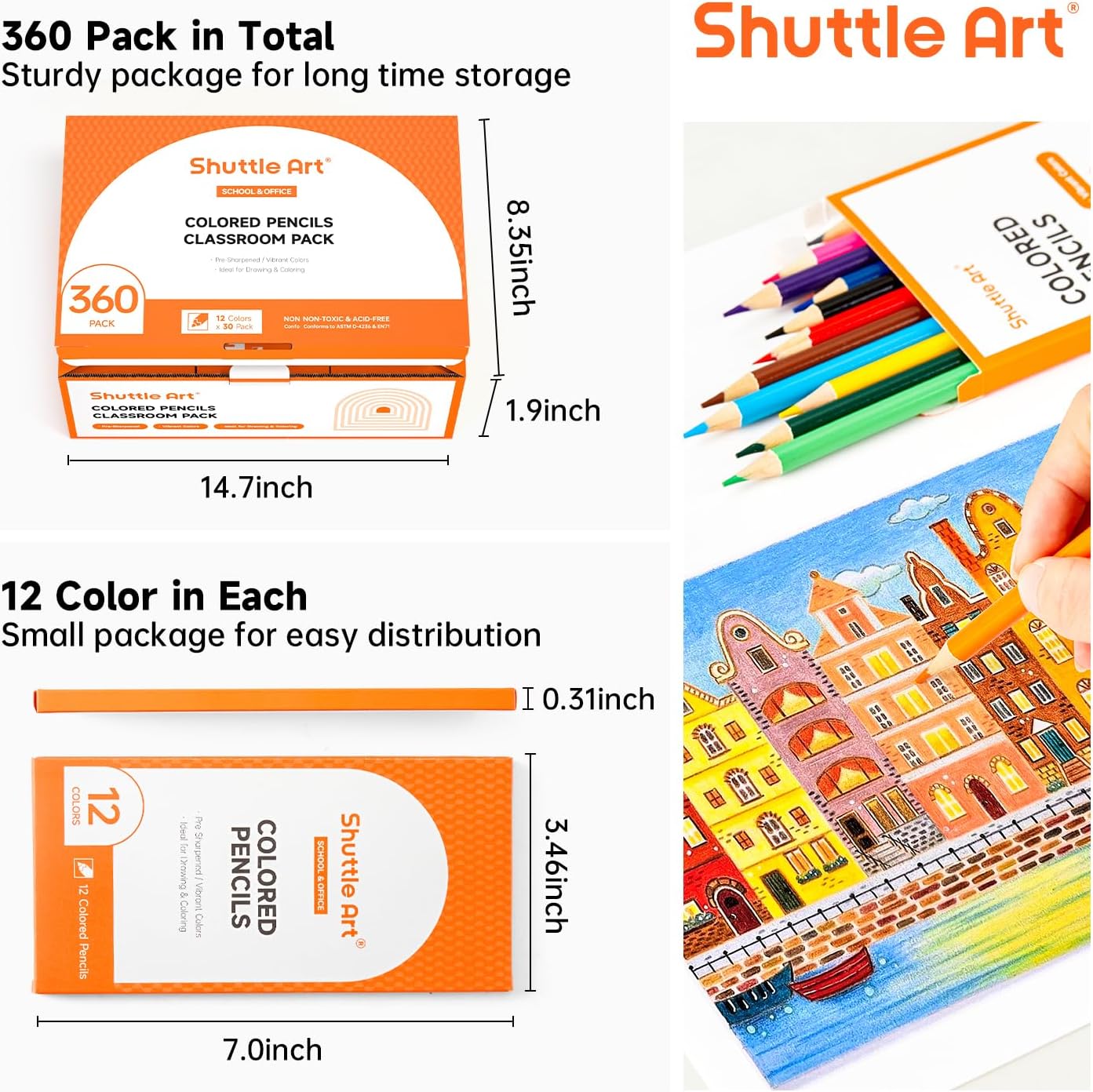 Shuttle Art 360 PCS Colored Pencils Bulk, 12 Assorted Colors, Pack of 30, Break-resistant, Pre-sharpened Colored Pencils for Kids, Bulk Pack School Supplies for Teachers & Students