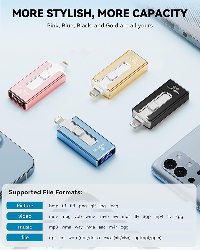 MFi Certified 256GB Flash Drive for iPhone iPad, Photo Stick for External Memory Storage, Easily Back Up and Save Photos Videos, USB Memory Stick Thumb Drive for iPhone/iPad/Android/PC (Blue, 256GB)
