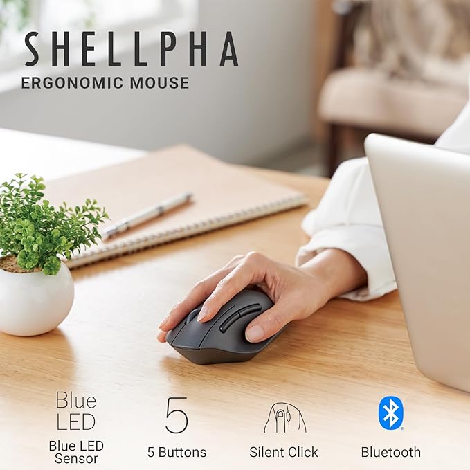 ELECOM Bluetooth Mouse Ergonomic Shape, Silent Click, 18-Month Battery Life, 2000DPI, 5 Buttons, Optical Sensor, Compatible with PC, Mac, Laptop, SHELLPA, Black (M-SH20BBSKBK)
