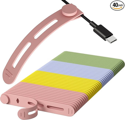 40Pcs Nearockle Reusable Cable Ties, Adjustable Silicone Cord Organizer Small Zip Ties for Charging Cords Earphone Computer Wire, Office Desk Cable Management Travel Accessories(4 Colors)