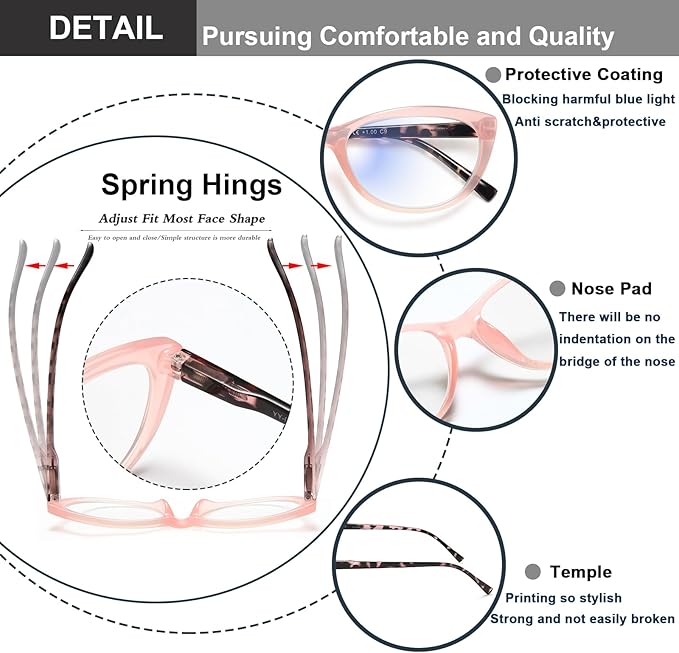 EYEURL 4 Pack Cat Eye Reading Glasses for Women, Blue Light Blocking Readers Lightweight Spring Hinge Anti Eyestrain UV Fashion Eyeglasses +1.00
