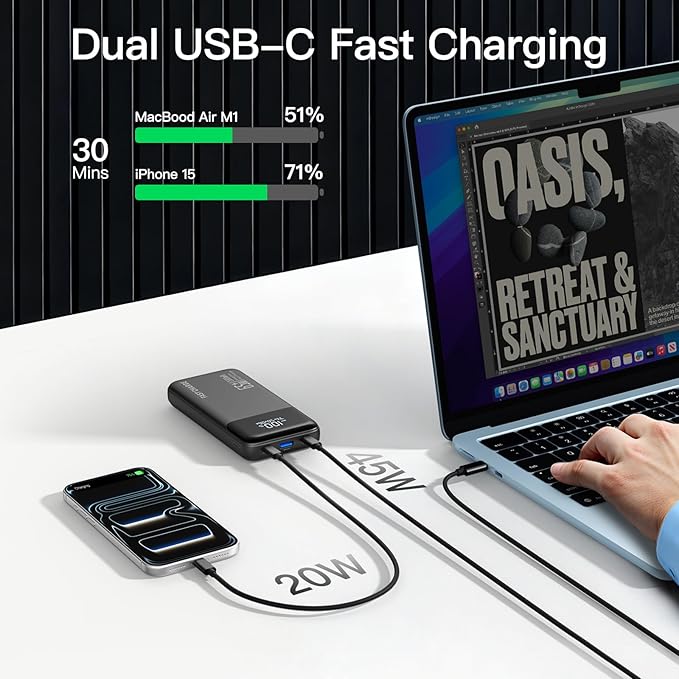 2025 Laptop Portable Charger Power Bank, 26800mAh 65W Compact USB C Laptop Power Bank, PD QC Fast Charging 3-Output Battery Pack for MacBook iPad Tablet Steam Deck iPhone 17 16 15 14 Samsung S24