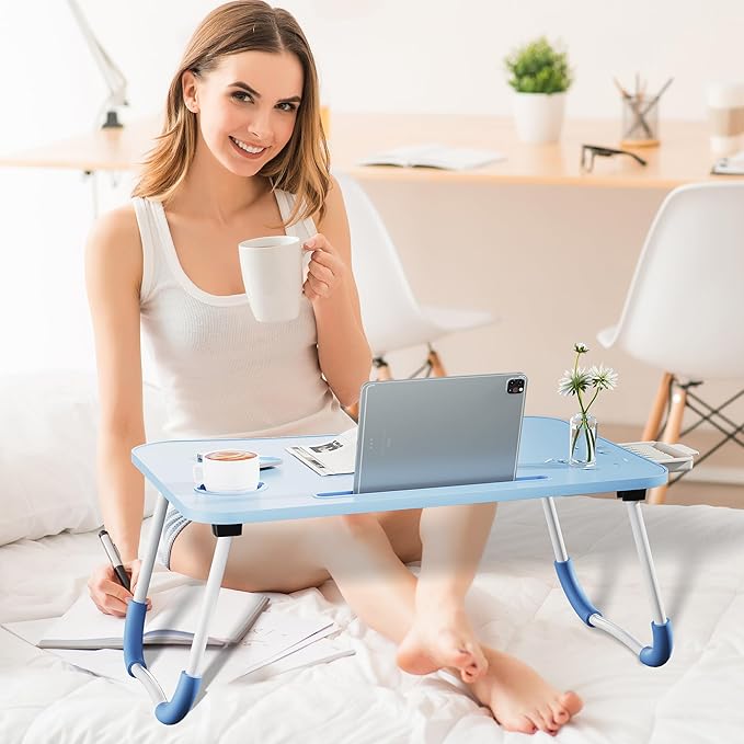 Lap Desk Bed Trays for Eating and Laptops Breakfast in Bed Tray for Sofa/Couch/Study/Reading/Writing with Cup Holder/Drawer On Low Sitting Floor Large Portable Foldable (Blue)