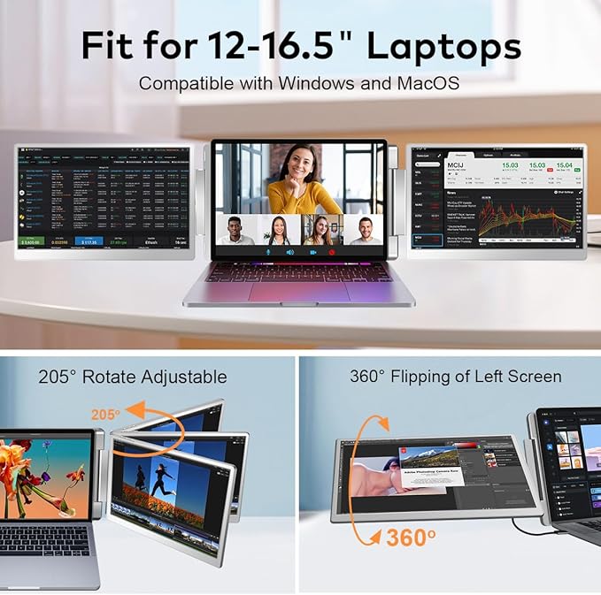 Laptop Screen Extender, 14-inch FHD 1200P IPS Triple Screen Laptop Monitor Extender Fits 12–16.5 inch, Portable Monitor Compatible with Windows and MacBook, Gray