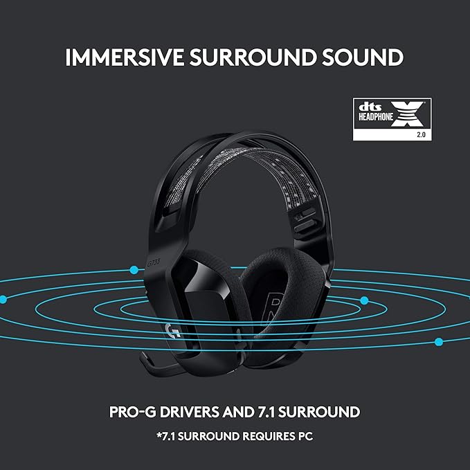 Logitech G733 Lightspeed Wireless Gaming Headset, Suspension Headband, Lightsync RGB, Blue VO!CE Mic, PRO-G Audio – Black, Gaming Headset Wireless, PC, PS5, PS4, Switch Compatible